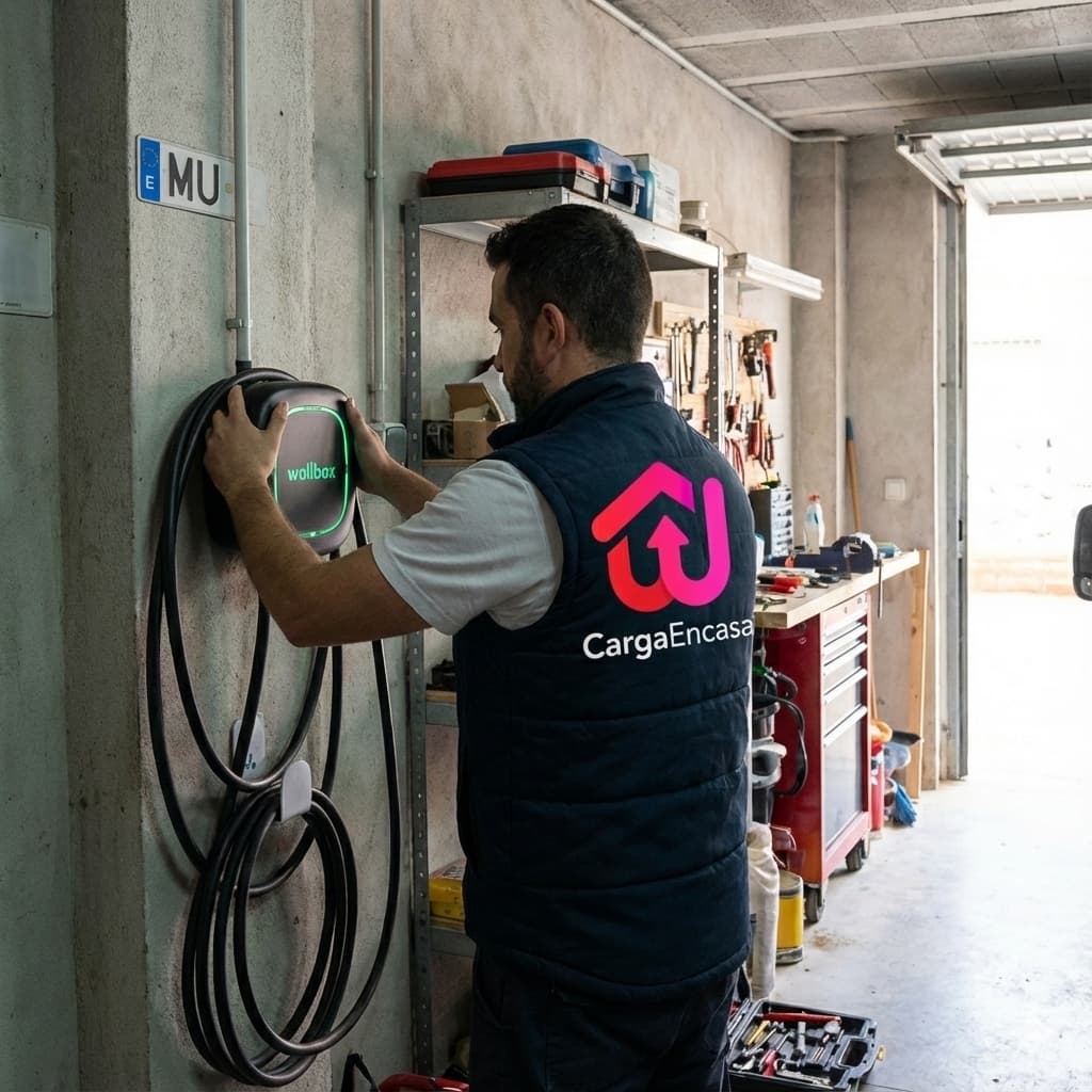 Técnico de CargaEnCasa instalando cargador de coche eléctrico en garaje